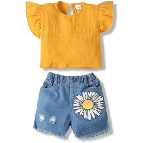 Renotemy Toddler Baby Girls Clothes Summer Outfits Ruffle Sleeve Tops Belt Shorts Pant Clothing Shorts Sets for Girls