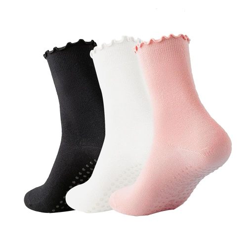 3 Pairs Pilates Socks with Grips Non-slip Ruffle Yoga Sock Grip Sock for Women