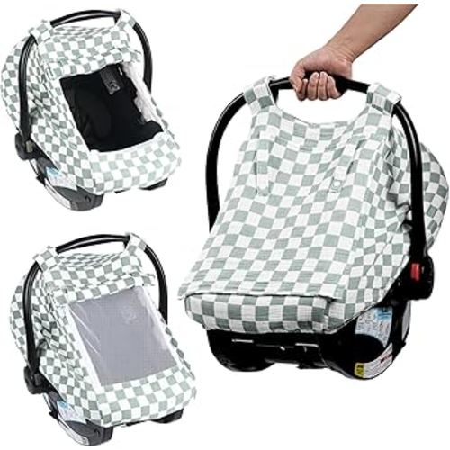 Summer Muslin Car Seat Cover for Baby – Breathable & Privacy Canopy with Large Mesh Window,3 Adjustable Modes,Easy Install Universal Fit for Infant Car Seats,Sage Green Checkered