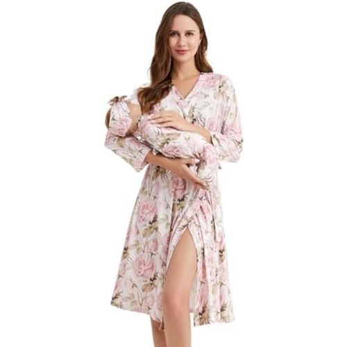 Galabloomer Maternity Robe and Baby Receiving Blanket, Matching Mommy Labor Delivery Robe and Swaddle Set