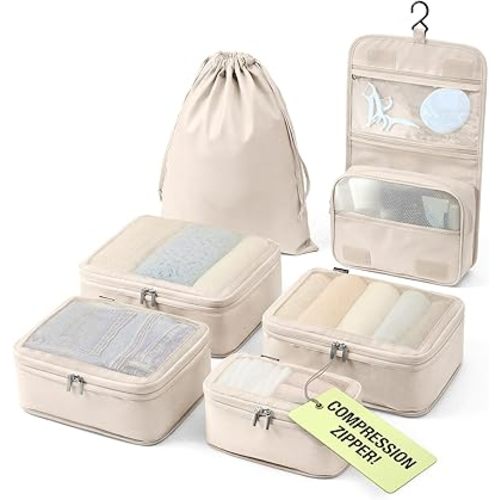 Vandel Space-Saving Compression Packing Cubes for Women with Hanging Toiletry Bag, Laundry Bag, Compressible Carry On Suit Case Organizer Luggage Packing Cubes for Travel Compression Organizer Bags