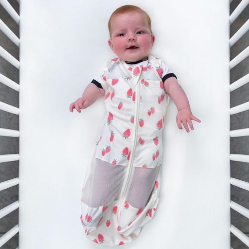 Happiest Baby Sleepea 5-Second Swaddle - 100% Organic Cotton Baby Swaddle Blanket - Doctor Designed Promotes Healthy Hip Development (Ivory Strawberries, Small)