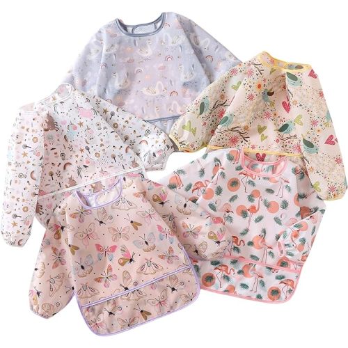 Sleeved Bib,5 Pack,Waterproof Shirt Bibs for Baby 3-24 Months Wipe Clean - Unicorn/Butterfly/Flamingo/Bird/Swan