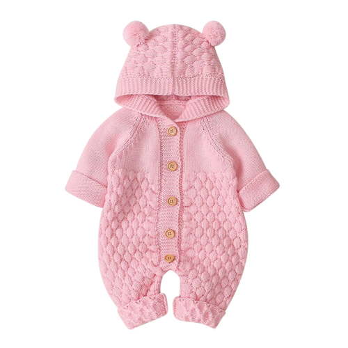 IBTOM CASTLE Unisex Baby Boy Girl Cute 3D Bear Ears Hooded Knitted Sweater Long Sleeve Romper Overall Sleepwear Winter Warm Clothes 0-6 Months Pink