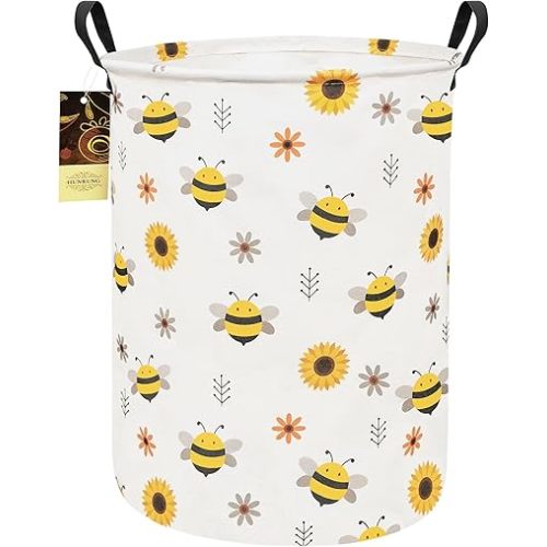 HUNRUNG Laundry Hamper,Large Canvas Fabric Lightweight Storage Basket Toy Organizer Dirty Clothes Collapsible Waterproof for College Dorms(Round-Bee)