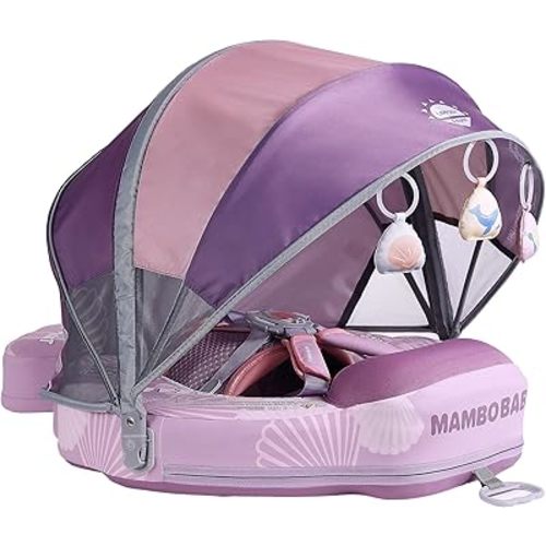 Mambobaby Float Add Tail Baby Swim Float with Canopy Solid Pool Infant Swim Trainer Swimming Training Lying Air Free Water Floats Non-Inflatable Waist Swim Ring for Toddlers (Shell - Purple)