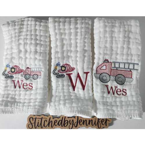 Firetruck Personalized Baby Burp Cloths, Monogram, Embroidered, Baby Girl or Boy, Firetruck Burp Cloth set, Single or Set of 2. Fireman
