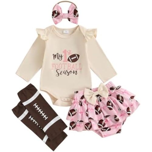 Newborn Baby Girl Football Outfit Game Day Rugby Print Romper with Tulle Skirt Set Headband 3Pcs Cute Summer Clothes