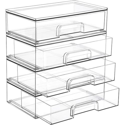 Vtopmart 12.1''W Clear Stackable Storage Drawers,4 Pack Acrylic Plastic Organizers Bins for Makeup Palettes, Cosmetics, and Beauty Supplies,Ideal for Vanity, Bathroom,Cabinet,Desk Organization
