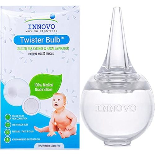 Innovo Hospital Grade Silicone Twister Bulb Baby Ear Syringe and Nasal Aspirator, Sucks Snot and Mucus, Nasal Bulb Ear Syringe, Cleanable and Reusable Clear White