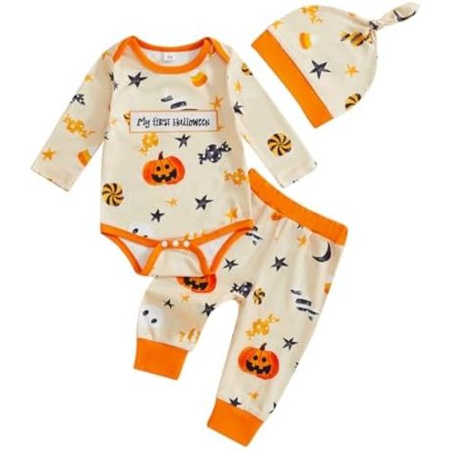 My First Halloween Baby Boy Outfit Newborn Pumpkin Romper Long Sleeve Bodysuit Pants Hat Cute Halloween Fall Clothes