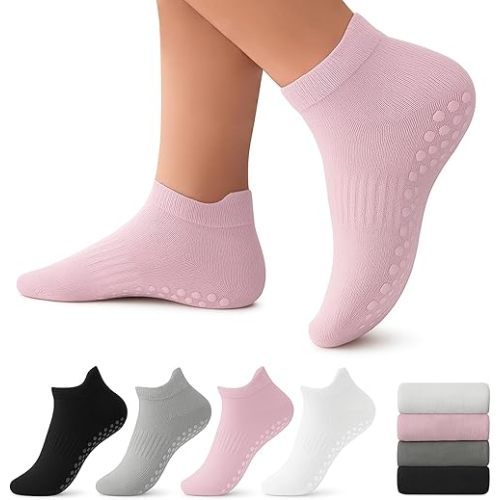 THREADFLOW® Pilates Socks Pack of 4 - Yoga Socks with Onesize Fits All – Non-Slip Yoga Grippy Socks for Women Durable Combed Cotton Ideal for Pilates, Grip, Barre, Dance Hospital and Gym