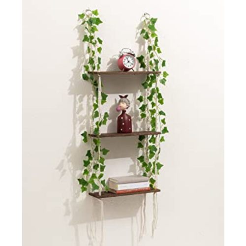 WOOD MEETS COLOR 3 Tier Macrame Wall Hanging Shelves with Artificial Ivy Leaves,Boho Room Decor Handmade Cotton Rope,Wooden Hanging Storage Floating Shelves for Small Plants,Living Room Bedroom