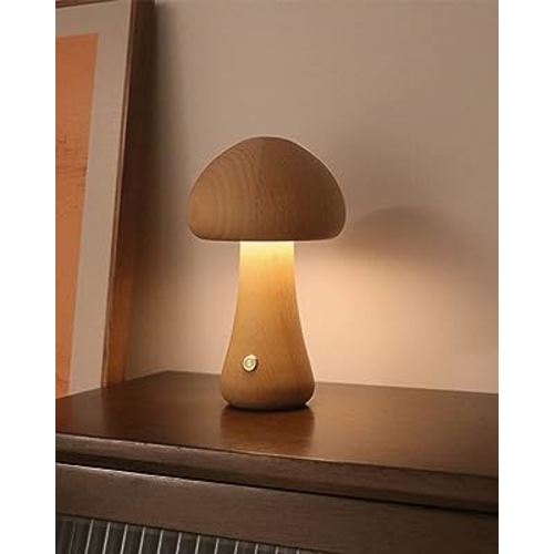 Aesthetic Wooden Mushroom Lamp for Bedroom - Warm LED Mushroom Night Light Rechargeable Nursery Lamp Portable Bedside Table Nightlight for Camping Room Decoration