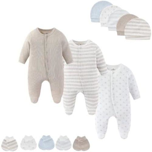 Baby Boy Girls Clothes 2-Way Zip Footed Long Sleeve 100% Cotton,Newborn Caps and Scratch Mittens Set 0-6 Months