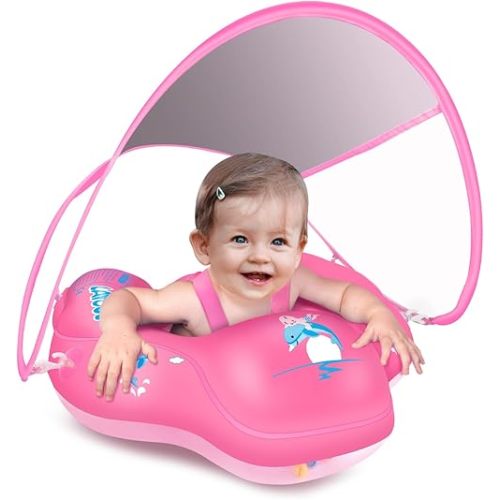 LAYCOL Baby Swimming Float Inflatable Baby Pool Float Ring Newest with Sun Protection Canopy,add Tail no flip Over for Age of 3-36 Months