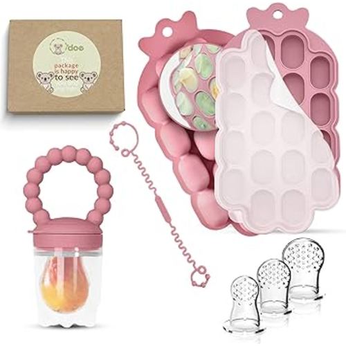 O’doe Baby Popsicle Molds | 1 Feeders, 3 Nipples, 1 Clip, 1 Trays (18-Holes Silicone Baby Food Freezer Tray) | BPA-Free Teething Relief Fruit Feeder Pacifier and Food Feeder for Infants