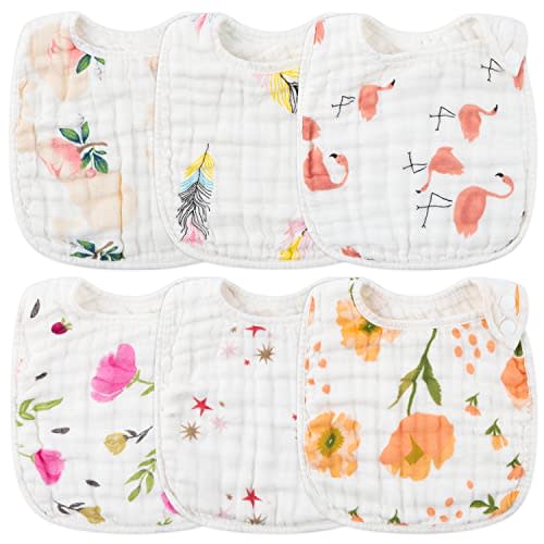 Zainpe 6Pcs Snap Muslin Cotton Bibs for Baby, Flamingo Star Flower Machine Washable Adjustable Burp Cloths with 6 Absorbent Soft Layers for Infant Newborn Toddler Drooling Feeding and Teething