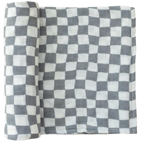 Mebie Baby Dusty Blue Wavy Checkered Muslin Swaddle, Modern and Neutral Swaddle Blanket for Baby Girl or Boy, Soft Baby Blankets, Newborn Swaddle Blanket, 0-3 Month, Comfy Wrap, Baby Essentials