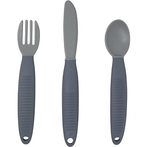 BUSY BABY Eating Utensils for Babies & Toddlers | Fork, Spoon, & Knife | Food-Grade Silicone & Tritan Plastic | Dishwasher Safe, BPA Free (Pewter)