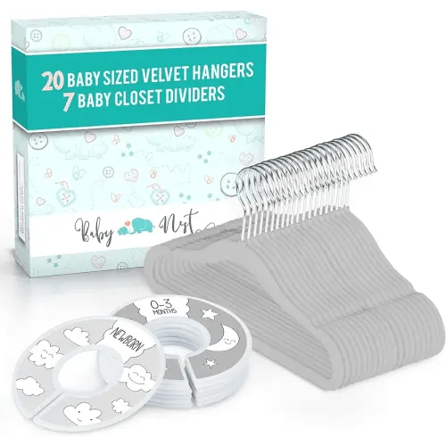 Baby Nest Designs 20x Baby Hangers for Closet with 7X Baby Closet Dividers for Nursery Velvet Baby Clothes Hangers Unisex Newborn Essentials Baby Size Organizer for Infant Clothing to 24 Months