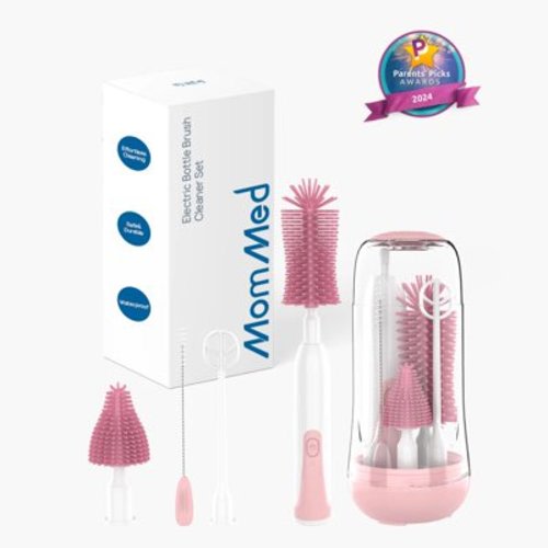 MomMed Electric Bottle Brush Cleaner Set – Rechargeable Baby Bottle Cleaning Kit with 3 Brush Heads, 360° Rotating Scrubber for Bottles, Nipples & Cups – BPA-Free, Waterproof & Portable Design,Pink