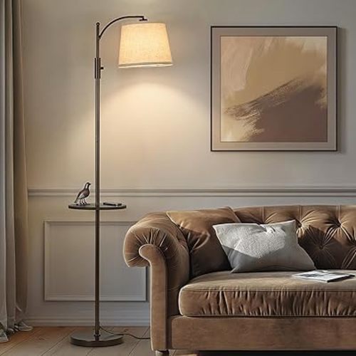AIDENOEY Fully Dimmable Floor Lamp for Living Room,Standing Lamp Rotary Switch with Table&Linen Beige Shade,Brown Tall Lamps for Bedroom with Adjust Head,9W LED Bulb Included