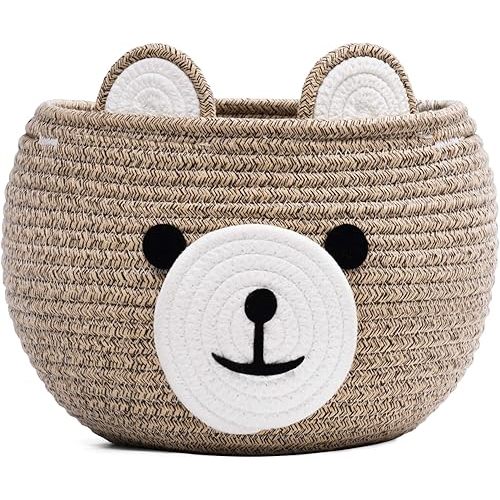 CherryNow Cotton Rope Basket Baby Basket for Nursery, Bear Gift Basket for Kids, Empty Baby Shower Basket with Handles, Small Cute Animal Basket, Light Brown, 10.5"D x 8.5"H
