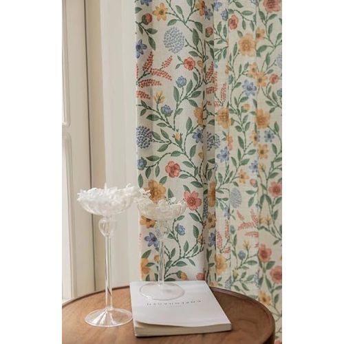 Linen Farmhouse Curtains for Living Room 84 Inch Length Floral Print Window Curtains Semi Blackout Drapes for Bedroom Country Room Darkening Curtain 1 Panel (Back Tab Curtains, 52"W x 84"L)