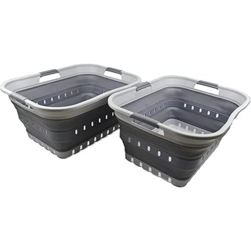 SAMMART 42L (11 gallon) Collapsible Plastic Laundry Basket - Foldable Pop Up Storage Container/Organizer - Portable Basket - Space Saving Hamper/Basket (Grey/Dark Grey (Set of 2))