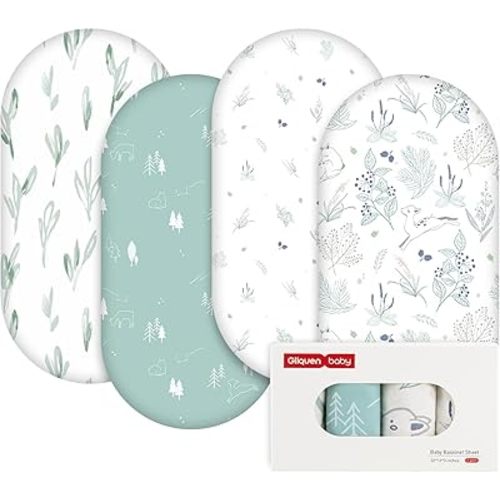 Gllquen Baby Bassinet Sheets 4 Pack, Breathable Cozy Fitted Mattress Sheet, Elastic Travel Crib Fashionable Floral Pattern, Standard Cradle Safe Sheets for Baby Boy Girls 32"X16"(Forest Deer)