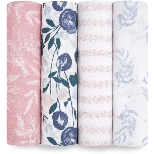 aden + anais Essentials Muslin Swaddle Blankets for Baby Girls and Boys, Newborn Receiving Blanket for Swaddling, 100% Cotton Baby Swaddle Wrap, 4 Pack, Flower's Bloom