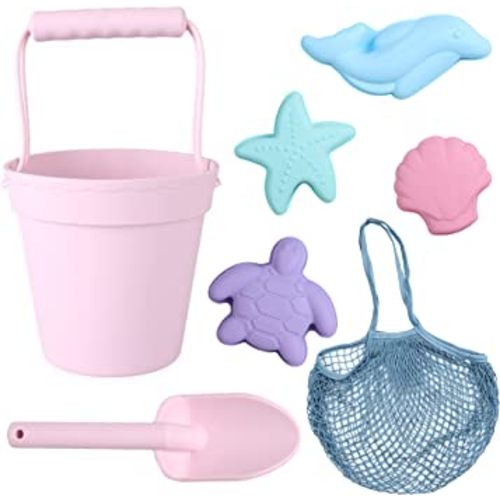 BLUE GINKGO Silicone Beach Toys - Modern Baby Beach Toys | Travel Friendly Beach Set | Silicone Bucket, Shovel, 4 Sand Molds, Beach Bag | Silicone Sand Toys for Toddlers, Kids - Pink