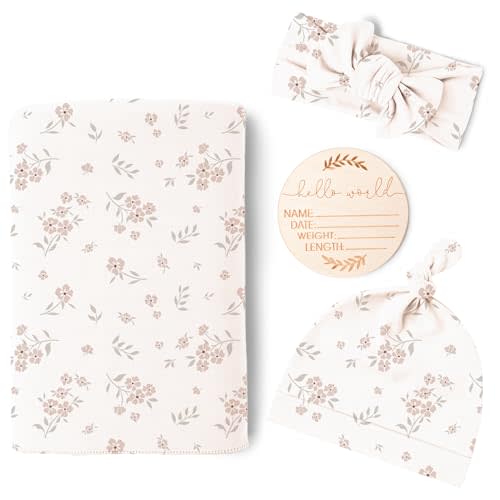Konssy Baby Girl Newborn Receiving Blanket with Matching Headband and Beanie Set Baby Swaddle Nursery Swaddle Wrap