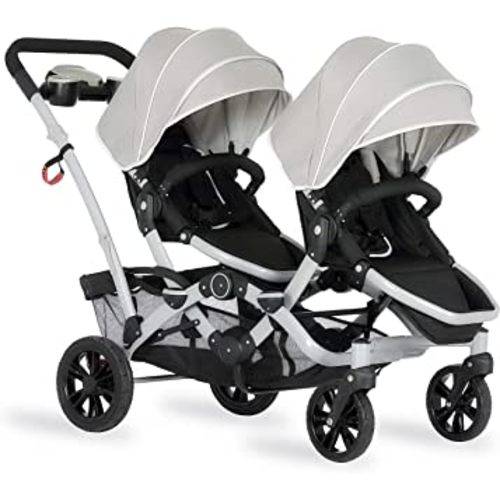 Dream On Me Track Tandem Double Umbrella Stroller in Light Grey, Lightweight Double Stroller for Infant and Toddler, Multi-Position Reversible & Reclining Seats, Large Storage Basket and Canopy