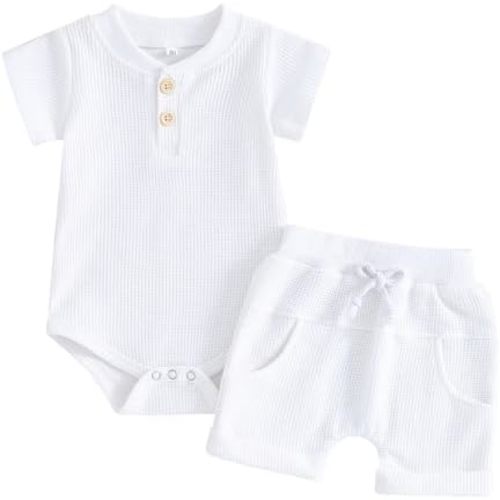 Kuriozud Newborn Baby Boy Summer Clothes Button Short Sleeve Romper Bodysuit Shorts Set Toddler Soft Waffle Outfit