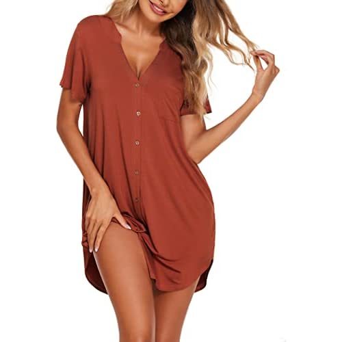 Ekouaer Women V Neck Button Down Nightgown