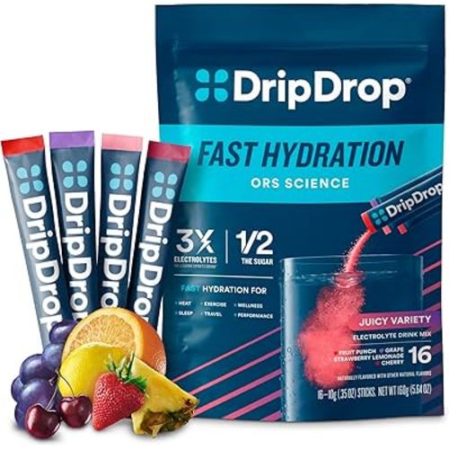DripDrop Hydration Packets - Juicy Variety Pack - Single Serve Electrolytes Powder Drink Mix - Grape, Fruit Punch, Strawberry Lemonade, Cherry - Non-GMO, Gluten Free, Vegan - 16 Sticks