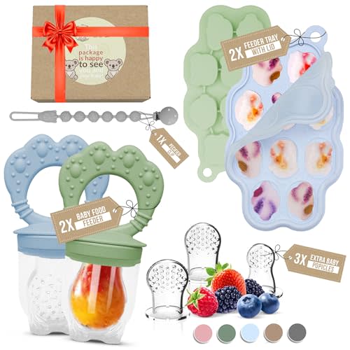 O’doe Silicone Baby Popsicle Molds & 2 Baby Food Feeders with 1 Clip, 2-Pack Freezer Tray with Lid, 10-Hole Popsicle Molds for Teething Relief, Includes 3 Extra Pacifiers, BPA Free (Blue + Green)