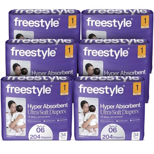 Freestyle BambooTek Diapers - (Size 1) Hyper Absorbent & Non-Toxic – Disposable Diapers for Sensitive Skin – Ultra Soft Diapers (8-14 lbs) – 204 Count