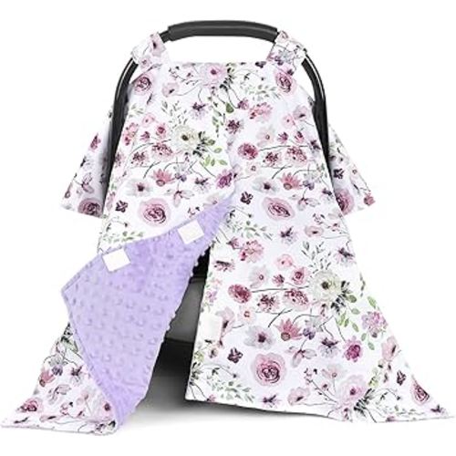Baby Car Seat Cover, Soft Minky Warm Winter Car Seat Canopy for Infants & Toddlers, Opening with Adjustable Strap, Breathable Nursing Cover & Stroller Blanket, Purple Flowers (Fits Most Car Seats)