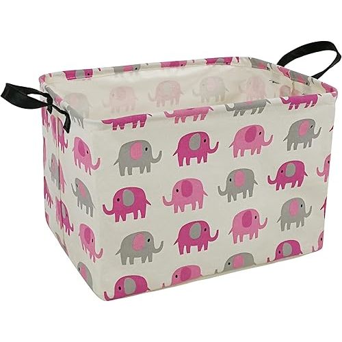 Elephant Print Rectangular Storage Bin Shelf Basket Canvas Fabric Toy Box,Waterproof Coating Nursery Hamper with Handles,Gift Basket for Home,Office,Clothes,Books(pink grey elephant)