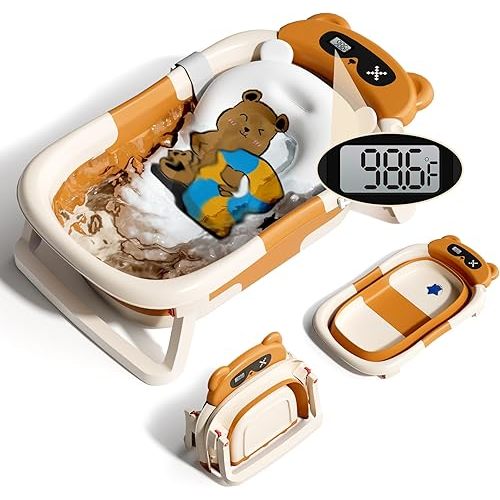 Collapsible Baby Bathtub for Newborn to Toddler (0-24 Months), Portable Baby Tub with Thermometer, Baby Bath Tub for Infants with Floating Cushion, Brown