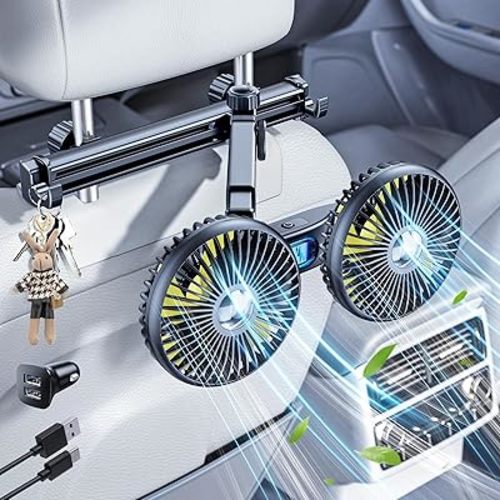 Car Fan for Backseat Kids Baby Dog, Dual Head Battery Powered Fan for Car Seat Headrest SUV Van Pickup RV Vehicle - Slidable Extension Arm 360 Rotatable Strong 3 Speed 2 Hidden Car Hook