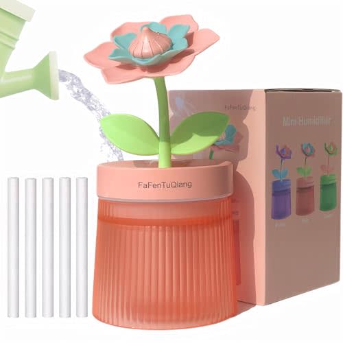 Bedroom Mini Humidifier Cute, Auto Shut Off 260ml With Flower, Cool Mist, 7 Colors Night Light, Quiet, Portable Ultrasonic Essential Oil Diffuser for Plants Office Travel