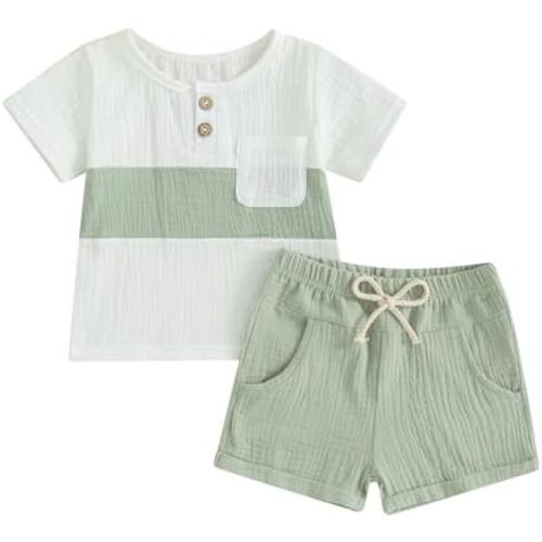 Kupretty Baby Boy Summer Clothes Toddler Outfit Linen Short Sleeve Button T-Shirt Tees + Shorts Infant Clothing Set
