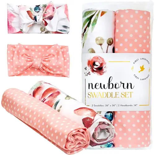 First Landings Newborn Swaddle Set - Baby Swaddles and Matching Headbands for Boys and Girls - Baby Blanket for Newborn Photography, Nursing Covers, Burp Cloths - Rose, 36" x 36" (Set of 2 Each)
