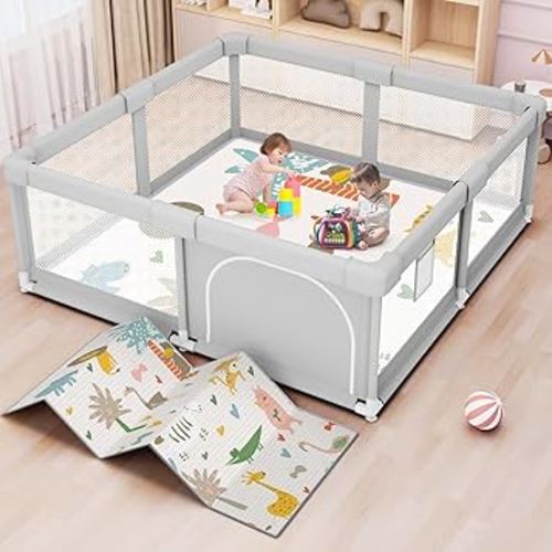 Baby Playpen with Mat 50x50 Inch, Play Pen for Babies and Toddlers with Gate, Baby Fence Sturdy Safety Playpen, Indoor & Outdoor Kids Activity Center