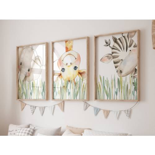 Whimsical Safari Nursery Decor Wall Art, Peeking Peek-A-Boo Jungle Animals, Giraffe Elephant Zebra Print, Boy Girl Baby Shower Gift PC11