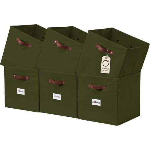 DECOMOMO Storage Bins, Cube Storage Bin with Labels, Fabric Storage Cubes for Shelves (10.5" x 11" / 6pcs, Olive Green)